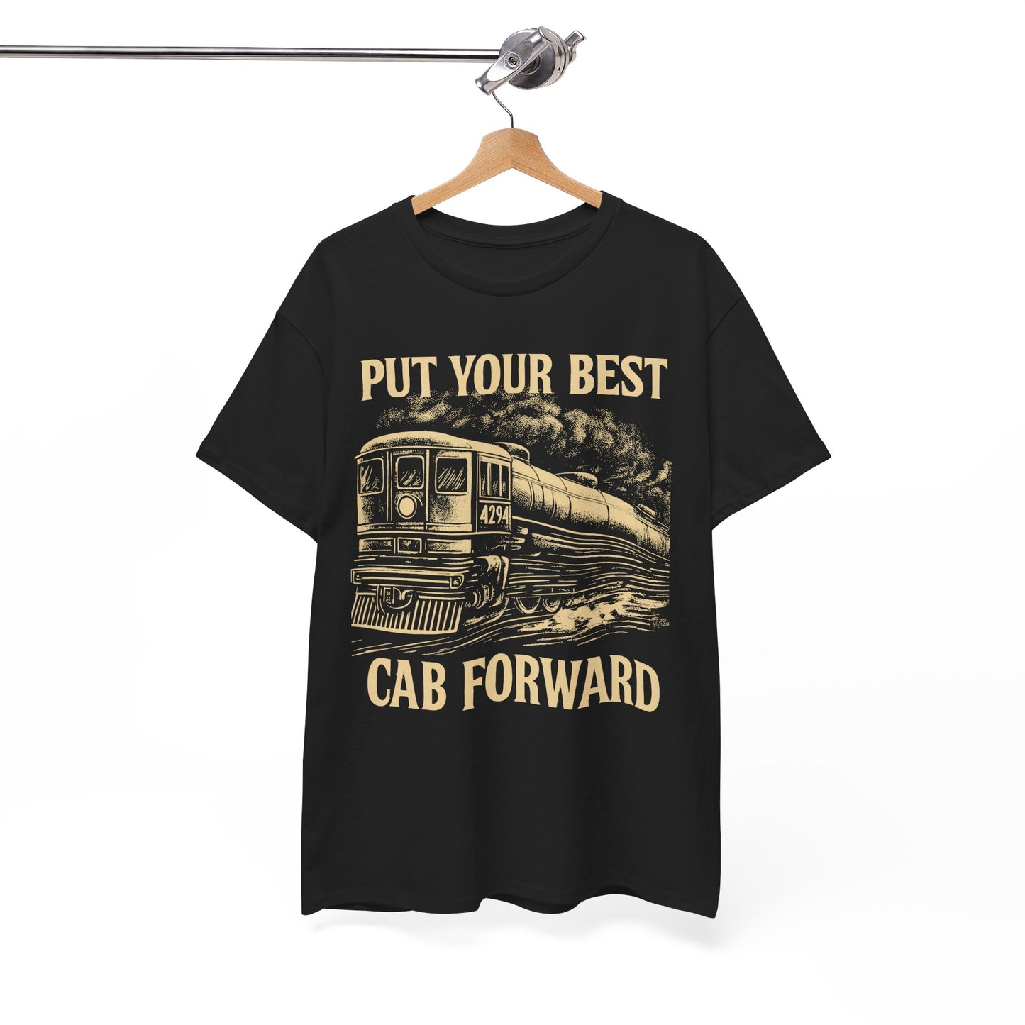 Vintage Train Graphic Tee - Put Your Best Cab Forward, Steam Engine T-Shirt, Railway Lover Gift, Retro Train Apparel, Unisex Cotton Tee